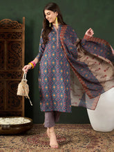 Women Blue Poly Rayon Floral Printed Straight Kurta Trouser With Dupatta-PKSKD2606